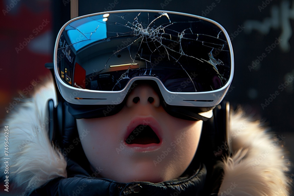 Poster broken virtual reality glasses with cracks. background with selective focus and copy space