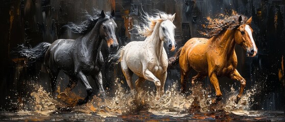 The subject of the painting is modern and abstract, with metal elements, textured backgrounds, animals, horses, etc.