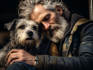 Homeless man and dog on city street
