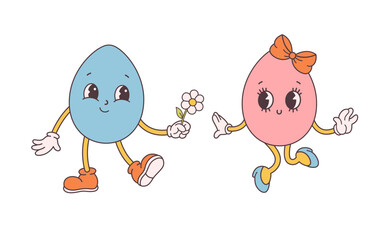 Trendy retro cartoon Easter egg characters. Groovy style, vintage. Happy Easter. Vector illustration in flat style