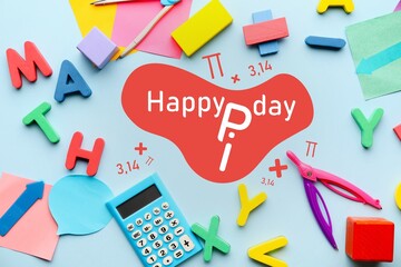 Text HAPPY PI DAY and stationery on light blue background