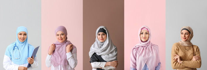 Group of beautiful Muslim women on color background