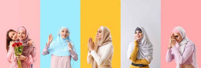 Collection of beautiful Muslim women on color background