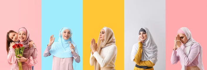 Deurstickers Collection of beautiful Muslim women on color background © Pixel-Shot