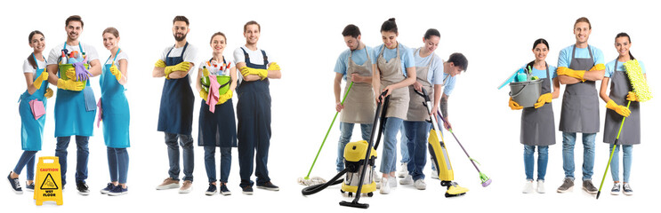 Collage of team of young janitors on white background