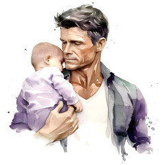 Father and child, watercolor ilustration. Dad holds baby in his arms. parent holding baby