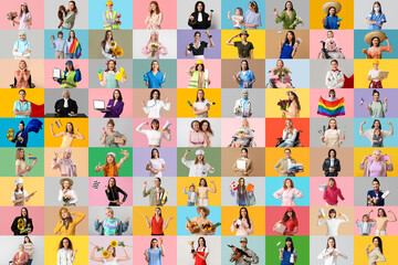 Big collage of beautiful women on color background