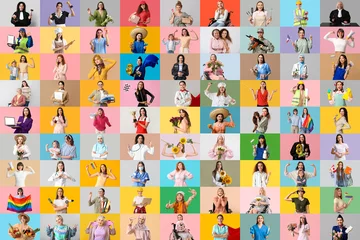Gardinen Big collage of beautiful women on color background © Pixel-Shot