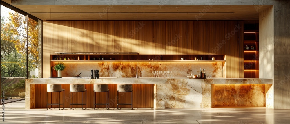 Poster kitchen minimalism. marble top and wooden bottom with a large, long island. 3d rendering of the kitc