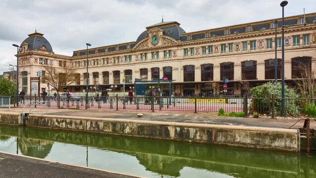 TOULOUSE, FRANCE - MARCH 14 2018: Timelapse: Toulouse-Matabiau is main railway station. Station is situated on Bordeaux&ndash;Sete, Toulouse&ndash;Bayonne, Brive-Toulouse (Capdenac) and Toulouse-Auch railway.