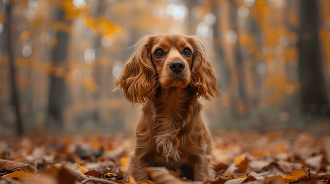 Fluffy-coated cocker spaniel subtly looks at the camera in a forest backdrop. Concept Pets, Nature, Photography