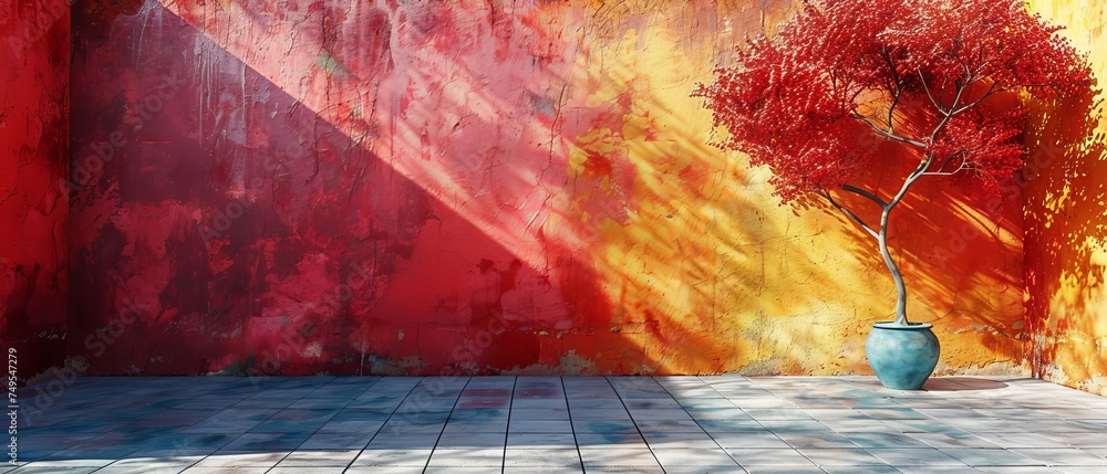 Fototapete an empty, colorful wall background with a hard falling shadow. rendering in 3d.