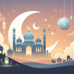 Ramadan Kareem greeting card with mosque, moon and lanterns