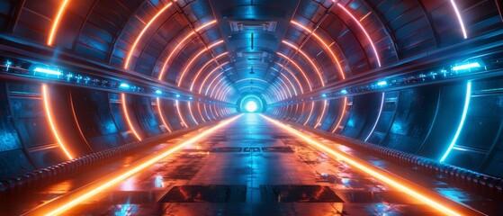 Experience a breath-taking view of the futuristic architectural marvel in radiant blue from a glowing cybernetic 3D tunnel at Neon Azure Gateway
