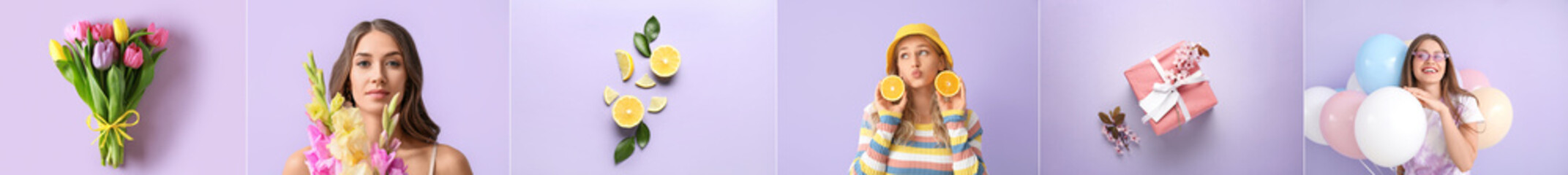 Young woman with balloons on color background