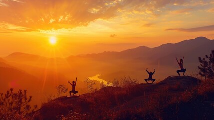 Group of people practicing yoga poses at sunrise on a mountain peak above the clouds, symbolizing peace and mindfulness. Resplendent.