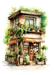 Vintage street shop or cafe with with green leaves and flowers isolated on white background. Green architecture concept. Watercolor illustration.