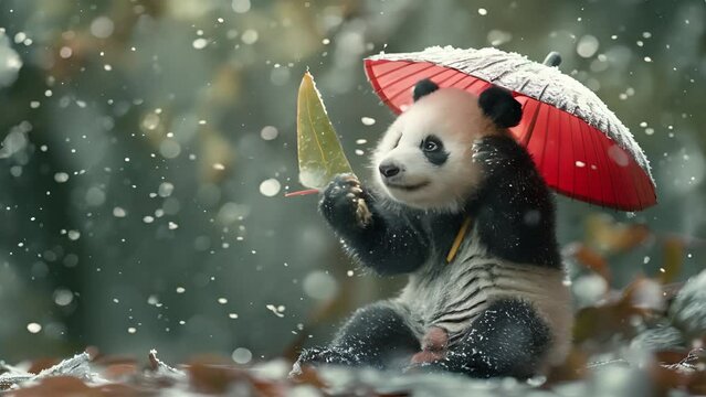 A happy panda cub looks cute, holds up a tarot leaf as an umbrella and looks at the snowfall