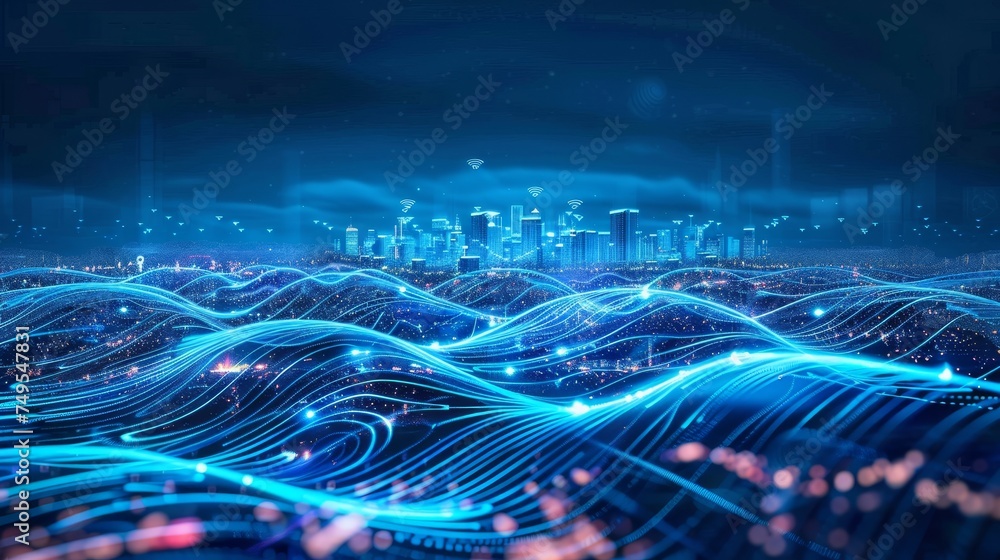 Poster a double-exposure digital blue wavy wire background with antennas on a night time skyline of a megap