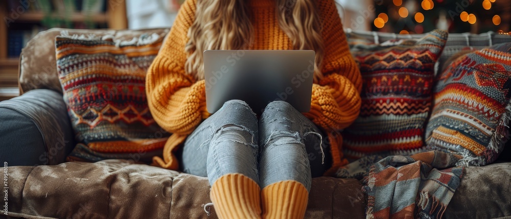 Poster an image of a young woman using a laptop while sitting on a couch