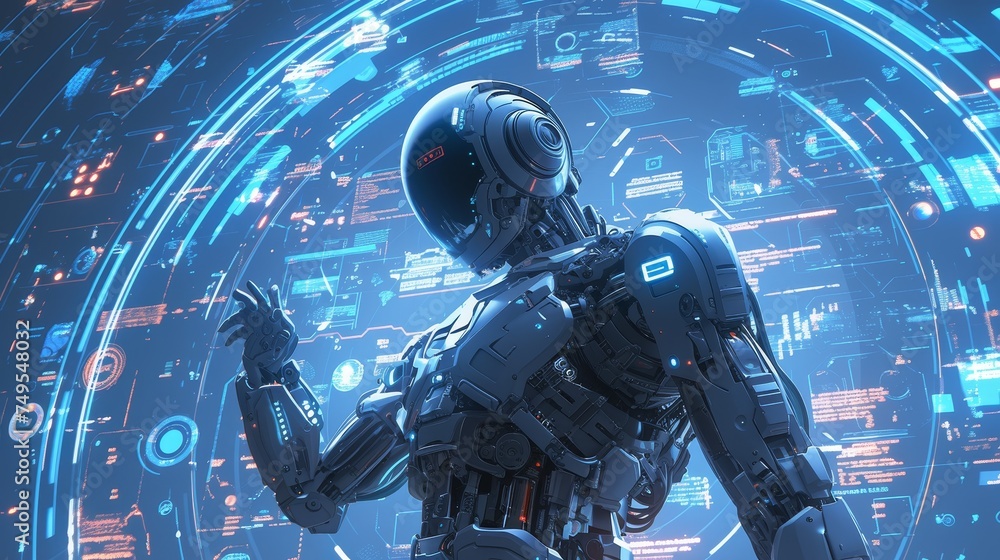 Poster Artificial intelligence, chatbots, by entering a command prompt, man uses technology to generate something, futuristic transformation of technology.