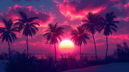 Synthwave Sunset with Neon Gradient and Palm Trees

