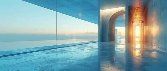 An abstract futuristic glass architecture with an empty concrete floor is rendered in 3D.