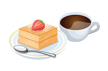 Sponge Cake and cup of coffee drink vector illustration. Cup of coffee and sponge cake with strawberry icon set vector isolated on a white background. Sweet breakfast still life