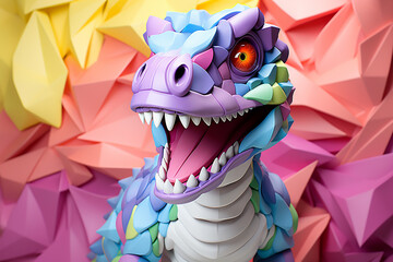 A vibrant, multicolored paper craft dinosaur model opens its mouth wide against a backdrop of sharp geometric shapes.