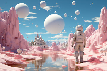 A solitary astronaut stands before a reflective pink river, with whimsical floating orbs and a fairy-tale castle in a surreal extraterrestrial landscape. - obrazy, fototapety, plakaty