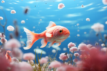 An orange goldfish gracefully swims among blooming pink underwater flowers, with dappled sunlight filtering through the water.