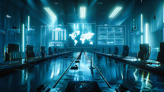 Futuristic Technology Concept, Digital Hologram Screens in Cyber Space, Global Network and Information Hub