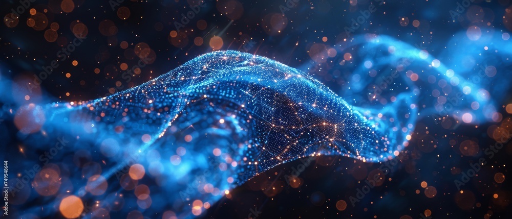Poster The digital background is abstract with dark blue and dark grey colors. Big data digital code, Data Communication and Transfer of DNA Biology concept.
