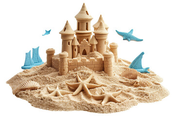 Beach sandcastle on vacation isolated over white.