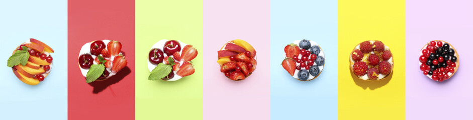Collage of tasty fruit tartlets on color background, top view
