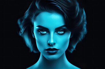 Captivating blue-toned portrait of a woman with a mesmerizing gaze
