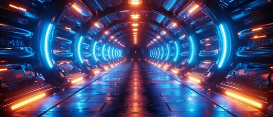 In this futuristic sci-fi journey, you will travel through a space corridor with neon blue glowing light strips in cyberpunk colors.