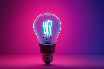 Conceptual bright idea with a glowing light bulb in neon background symbolizes the power of creativity. New innovative idea concept.  A light remove darkness