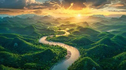 Foto op Plexiglas Mountain Landscape with River, Nature View in Vietnam, Scenic Wilderness with Hills and Clear Water Stream © NURA ALAM