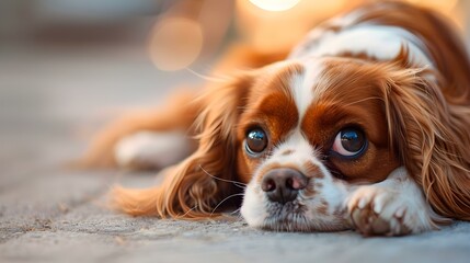 Cute little cavalier king charles spaniel resting peacefully on the ground. Concept Dog Portraits, Cavalier King Charles Spaniel, Restful pose, Pet Photography, Peaceful Outdoor Scene