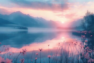 Serene Lakeside Dawn with Mist and Mountain Backdrop

