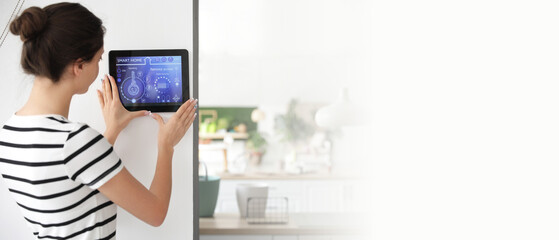 Woman using smart home security system. Banner for design