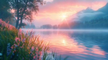 Fototapeta na wymiar Serene Lakeside Dawn with Mist and Mountain Backdrop