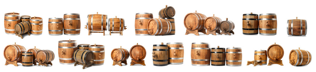 Big collage of wooden barrels on white background