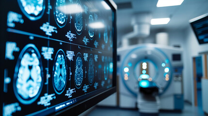 Diagnostic Imaging of Brain Injury: CT Scan or MRI Displaying Brain Injury on Radiology Screen in Hospital Setting, Medical Diagnosis and Treatment Concept - obrazy, fototapety, plakaty