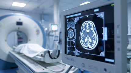 Diagnostic Imaging of Brain Injury: CT Scan or MRI Displaying Brain Injury on Radiology Screen in Hospital Setting, Medical Diagnosis and Treatment Concept