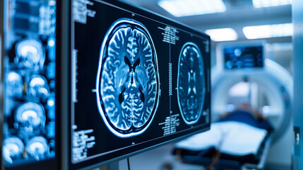 Diagnostic Imaging of Brain Injury: CT Scan or MRI Displaying Brain Injury on Radiology Screen in Hospital Setting, Medical Diagnosis and Treatment Concept