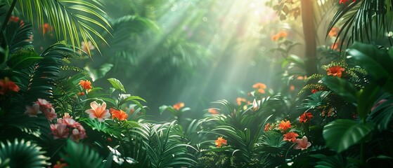 Fototapeta na wymiar Lush Rainforest Tapestry with Exotic Flowers in Morning Light