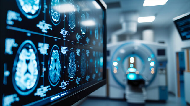 Diagnostic Imaging of Brain Injury: CT Scan or MRI Displaying Brain Injury on Radiology Screen in Hospital Setting, Medical Diagnosis and Treatment Concept