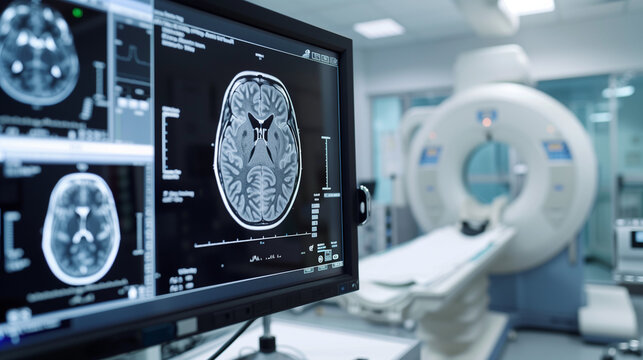 Diagnostic Imaging of Brain Injury: CT Scan or MRI Displaying Brain Injury on Radiology Screen in Hospital Setting, Medical Diagnosis and Treatment Concept
